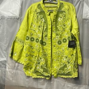 John Mark Ruffle 3/4 Sleeve Mandarin Collar Neck Embroidery & Crochet Blouse